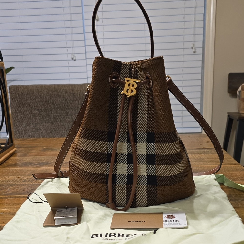 Burberry Dark Birch Brown Small Drawstring Bucket Bag